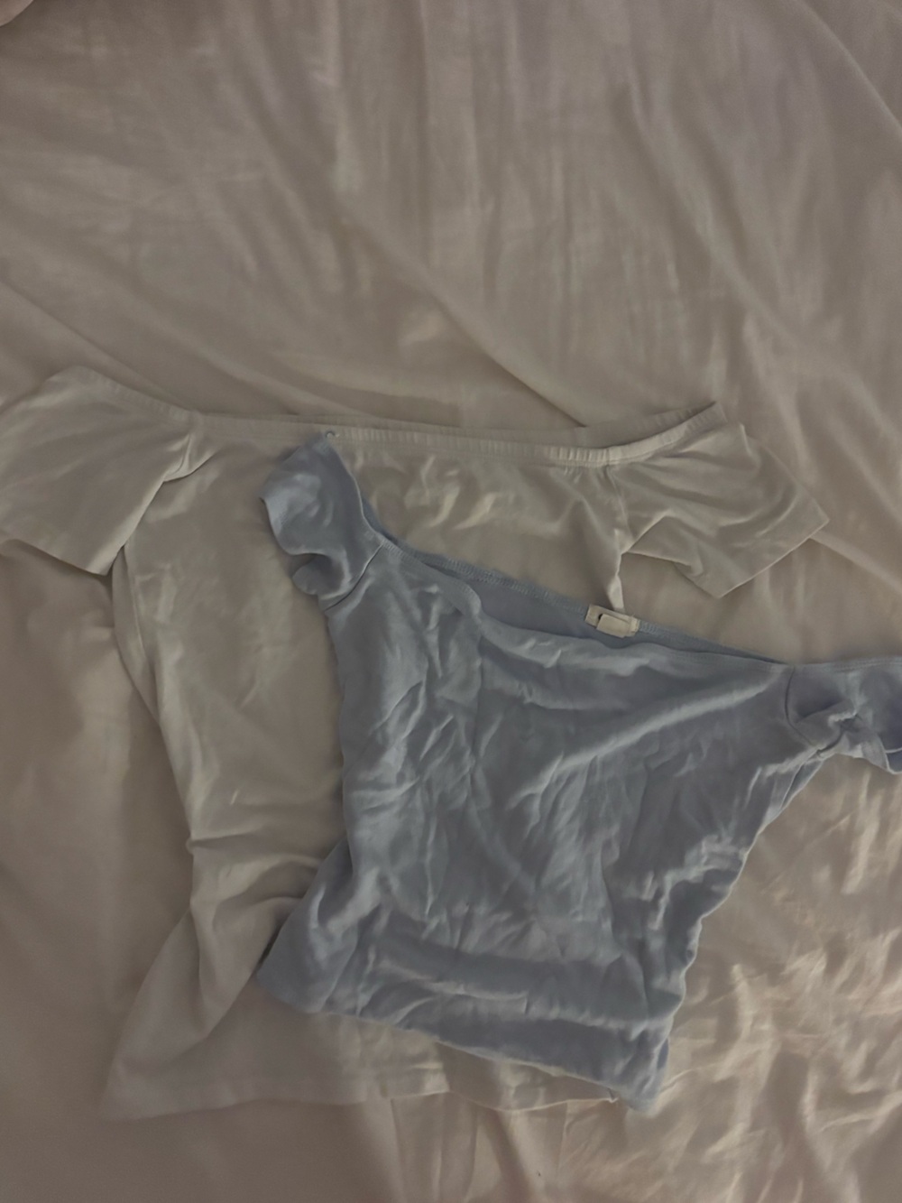 BUNDLE off the shoulder garage tops; white & light blue